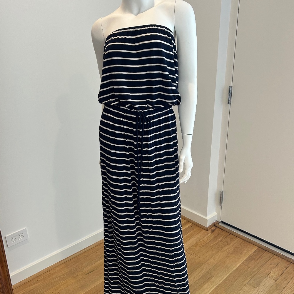 J Crew Navy Blue/White Striped Strapless Maxi Dress with tie waist & pockets- M